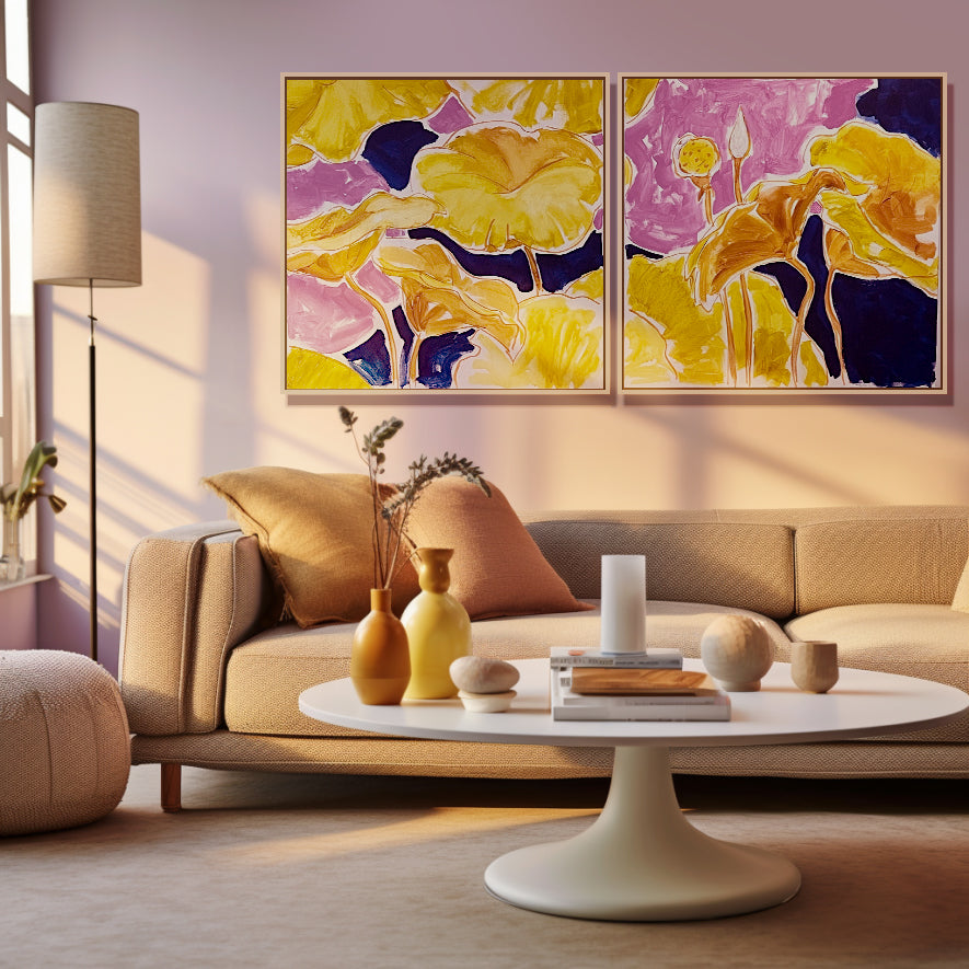 Lilies paintings by Neli Chaneva hanging above a living room couch