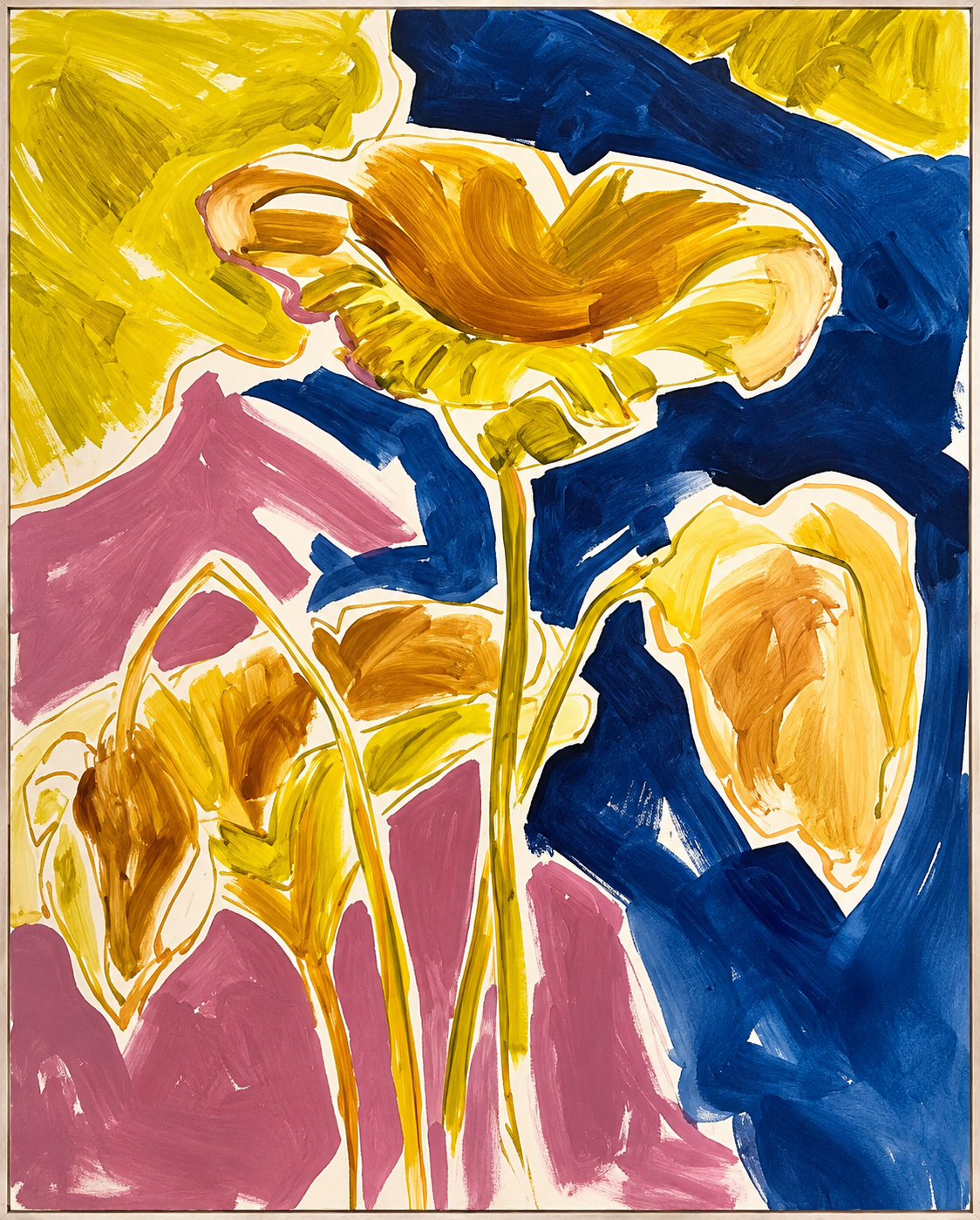 Lilies, acrylic painting of yellow lilies on a bold blue background by Neli Chaneva
