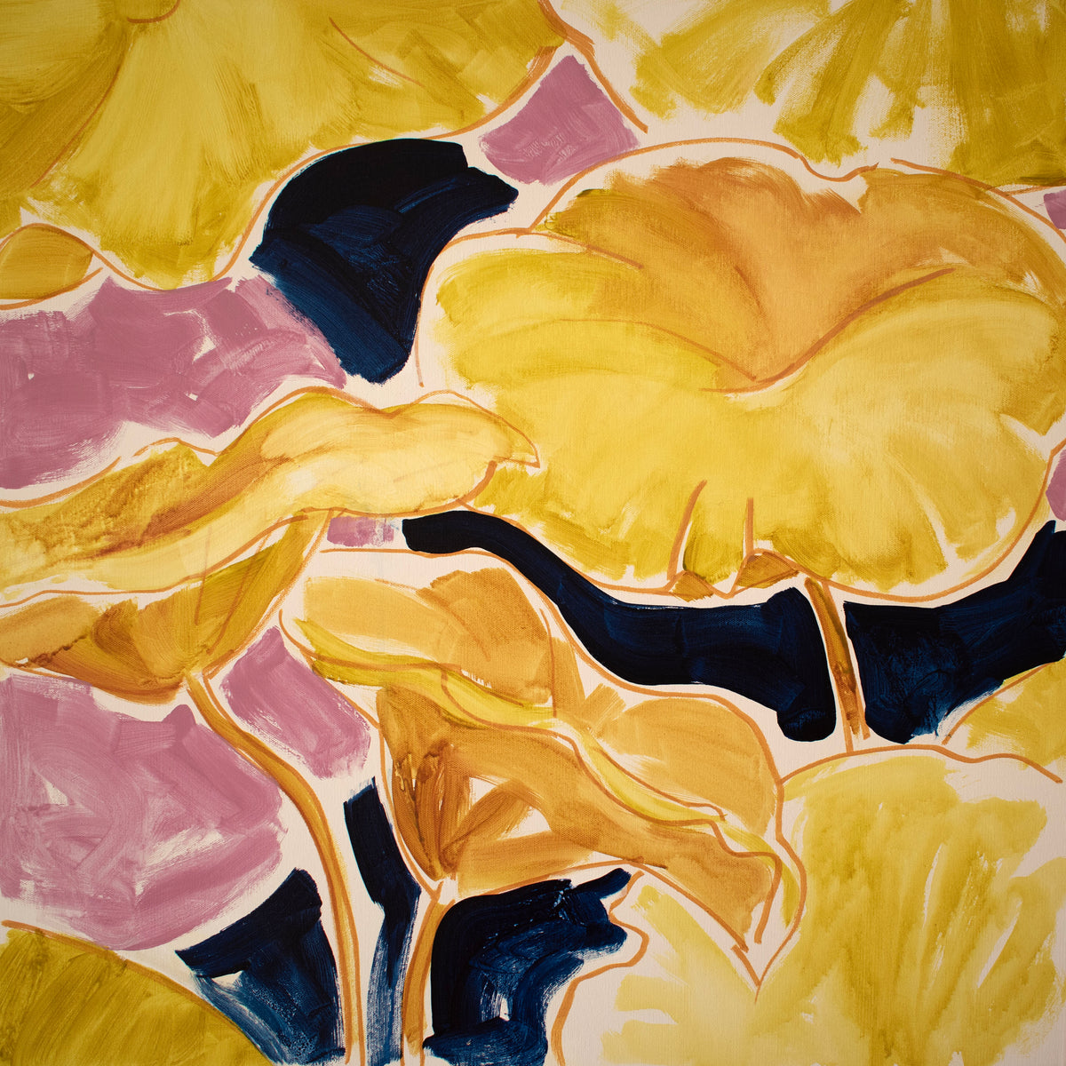 Lilies 1, acrylic painting of yellow and orange lilies on dusty pink by Neli Chaneva