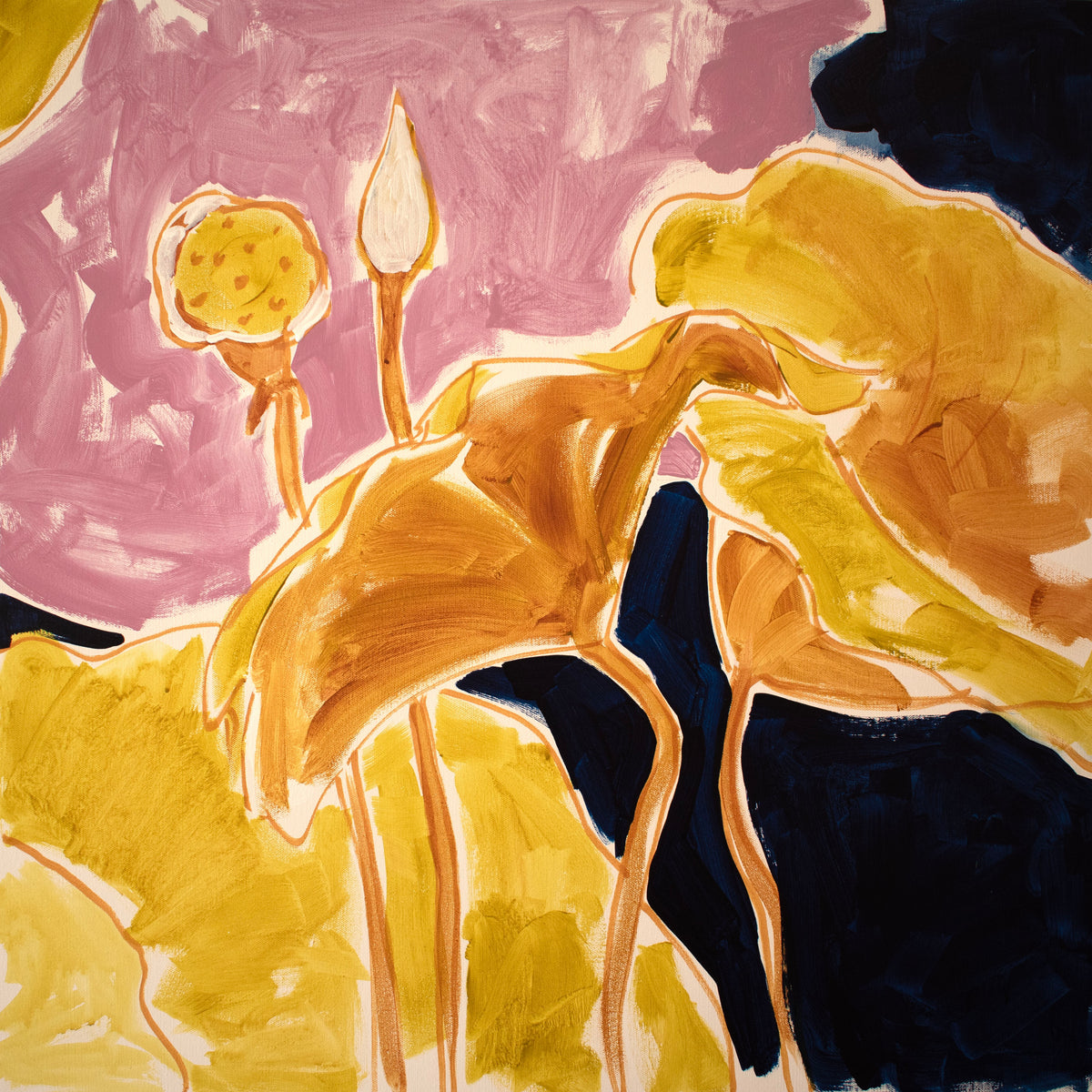 Lilies 2, acrylic painting of yellow and orange lilies on dusty pink by Neli Chaneva