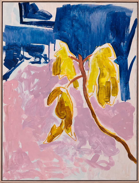Autumn, acrylic painting of yellow fig leaves on deep blue and pink by Neli Chaneva