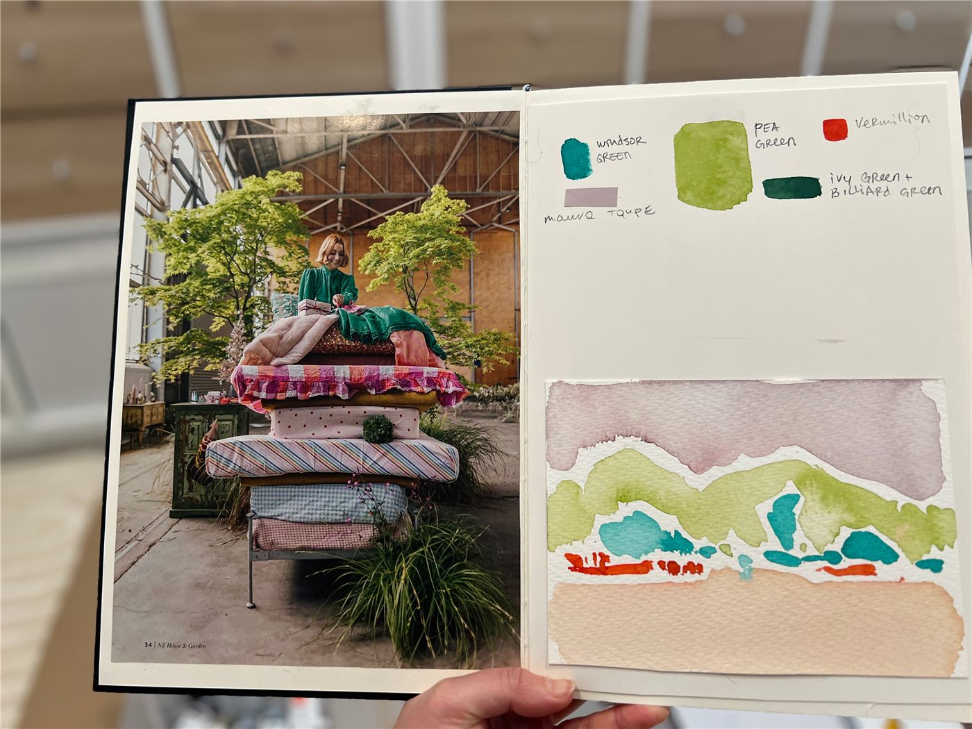 Hand-painted color swatches matched to a magazine image