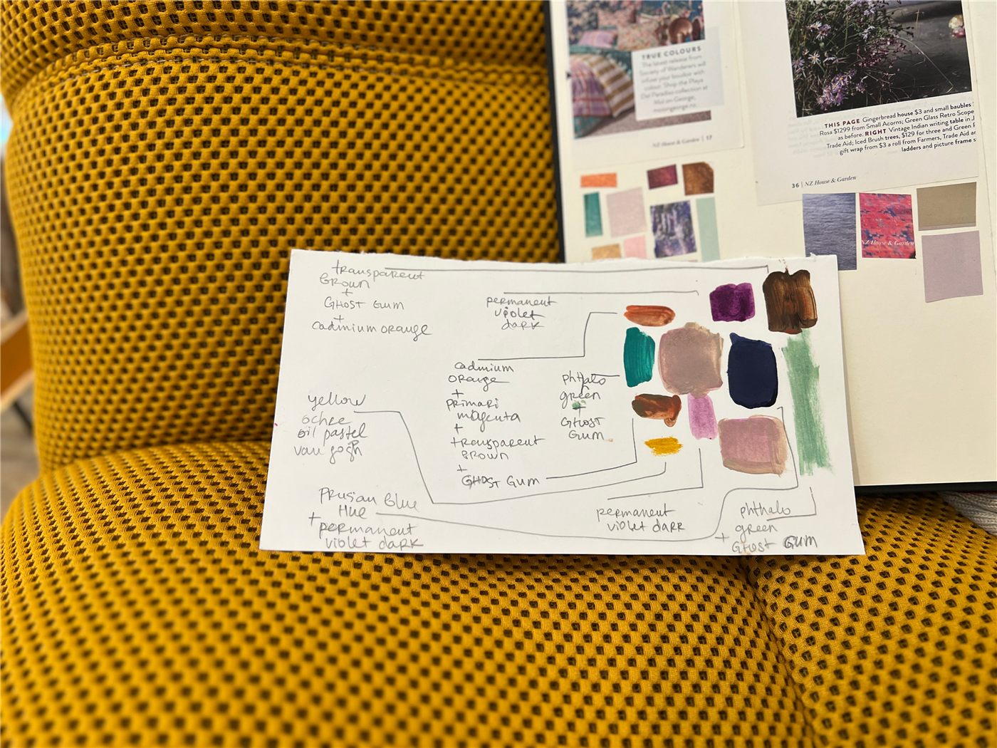 Magazine clipping with a hand-mixed acrylic color palette on the facing page