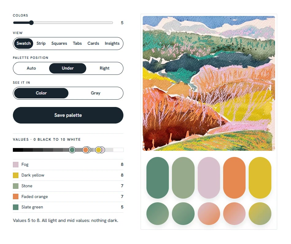 Image to Palette on My Color Taste: the options beside a landscape painting with its palette underneath