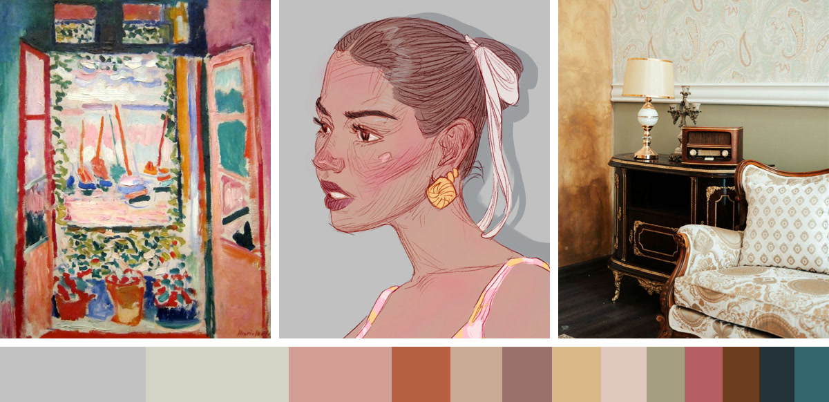 Three pictures, a Matisse window, a portrait and a sitting room, with the colors they share in proportion underneath