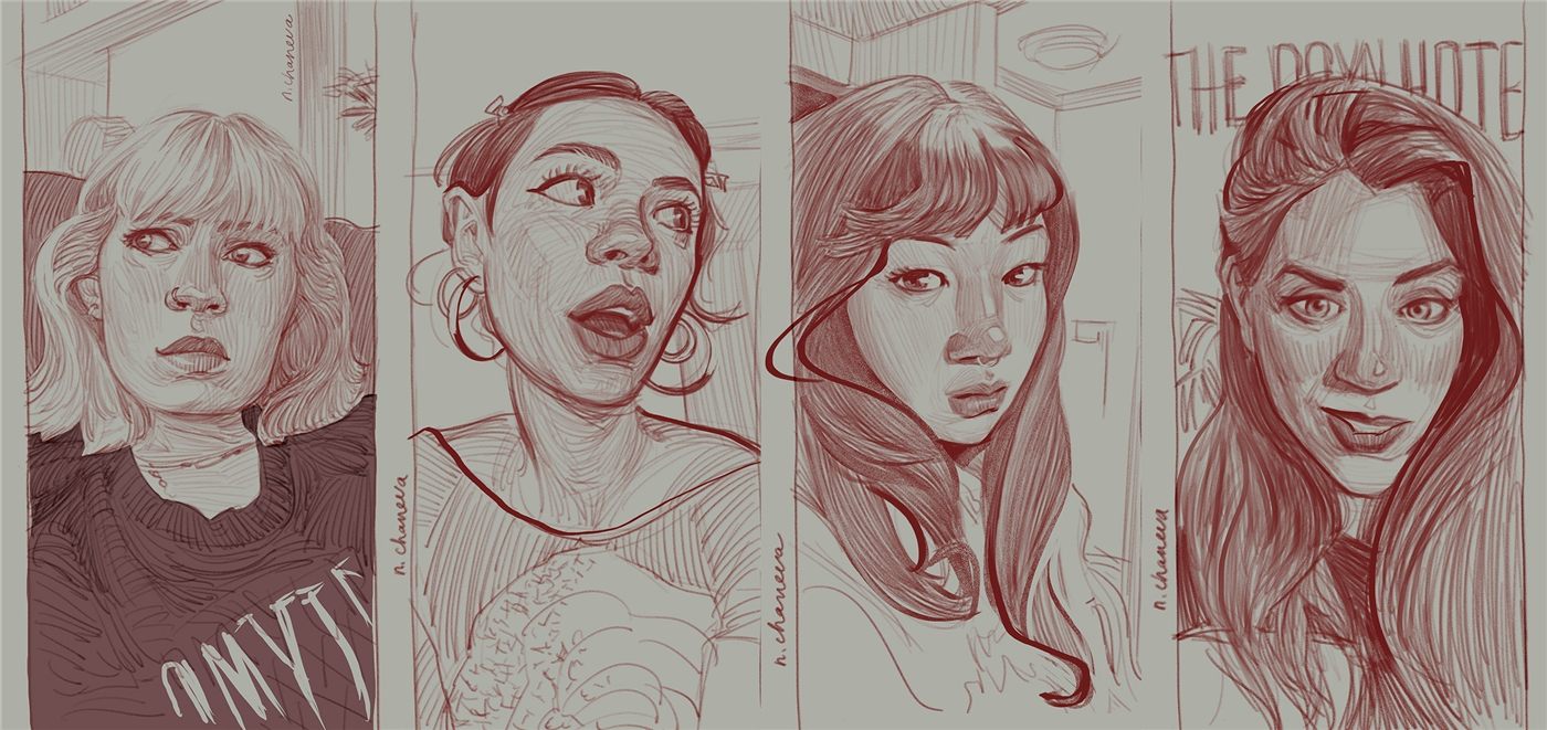 Grid of hand-drawn portraits from the 100 days, 100 portraits challenge by Neli Chaneva