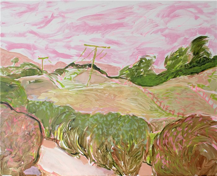 One Tree Hill, acrylic landscape painting of green hills under a pink sky by Neli Chaneva