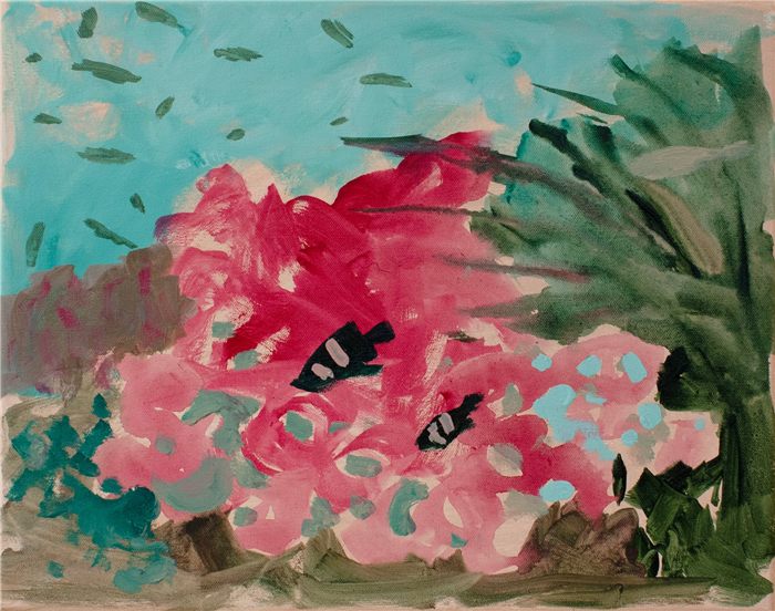 Submerged Garden I, framed acrylic painting of pink coral and green seaweed by Neli Chaneva