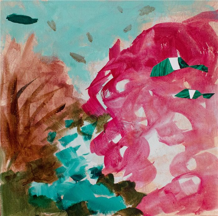 Submerged Garden II, small framed painting of a pink coral in turquoise water by Neli Chaneva